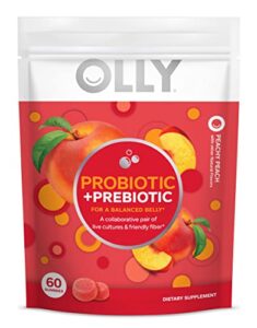 olly probiotic + prebiotic gummy, digestive support and gut health, 500 million cfus, fiber, adult chewable supplement, peach, 60 day supply – 60 count pouch