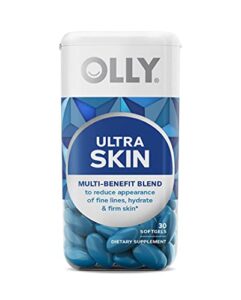 olly ultra strength skin softgels, hydrate and firm skin, hyaluronic acid, zeaxanthin, lutein, vitamin c, skin supplement, 30 day supply – 30 count (packaging may vary)