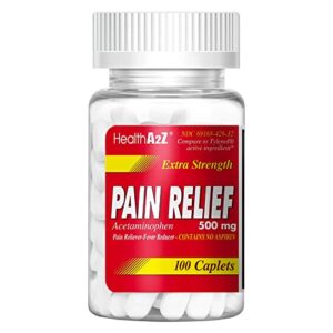 healtha2z® extra strength | pain relief | 100 caplets | acetaminophen 500mg | contains no aspirin | fever reducer | pain reliever