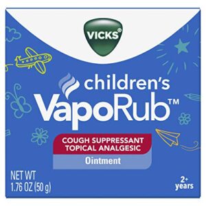 vicks children’s vaporub, topical cough suppressant and analgesic, relieves coughs, minor aches and pains, clinically proven, starts working in minutes for fast relief, for ages 2+, 1.76 oz