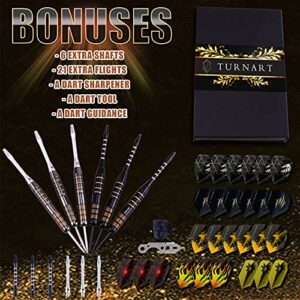 Darts Metal Tip Set, Brass Darts Steel Tip Set Professional for Bristle Dartboard, 3 Pieces 20 Grams and 3 Pieces 22 Grams Steel Tip Darts with 21 Extra Flights and a Darts’ Tool (1)