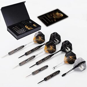 Darts Metal Tip Set, Brass Darts Steel Tip Set Professional for Bristle Dartboard, 3 Pieces 20 Grams and 3 Pieces 22 Grams Steel Tip Darts with 21 Extra Flights and a Darts’ Tool (1)