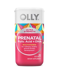 olly ultra strength prenatal multivitamin softgels, supports healthy growth, brain development, iron, folic acid, dha, vitamins c, e, 30 day supply-60 count (packaging may vary)