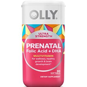 OLLY Ultra Strength Prenatal Multivitamin Softgels, Supports Healthy Growth, Brain Development, Iron, Folic Acid, DHA, Vitamins C, E, 30 Day Supply-60 Count (Packaging May Vary)