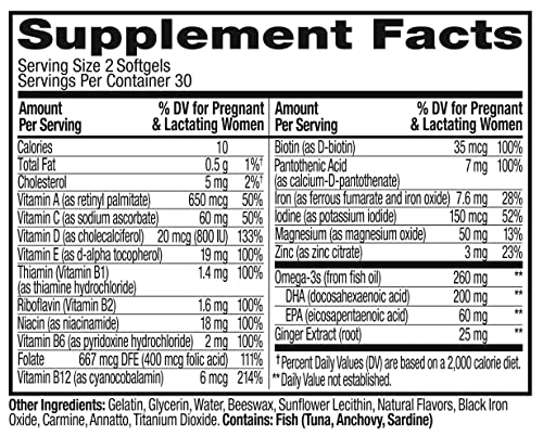 OLLY Ultra Strength Prenatal Multivitamin Softgels, Supports Healthy Growth, Brain Development, Iron, Folic Acid, DHA, Vitamins C, E, 30 Day Supply-60 Count (Packaging May Vary)