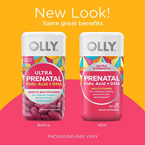 OLLY Ultra Strength Prenatal Multivitamin Softgels, Supports Healthy Growth, Brain Development, Iron, Folic Acid, DHA, Vitamins C, E, 30 Day Supply-60 Count (Packaging May Vary)