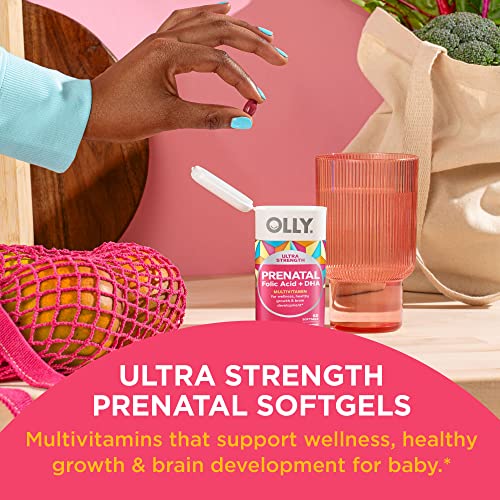 OLLY Ultra Strength Prenatal Multivitamin Softgels, Supports Healthy Growth, Brain Development, Iron, Folic Acid, DHA, Vitamins C, E, 30 Day Supply-60 Count (Packaging May Vary)