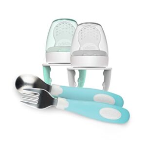 dr. brown’s designed to nourish, fresh firsts silicone feeder, mint and grey, 2-pack with soft-grip spoon and fork set, teal