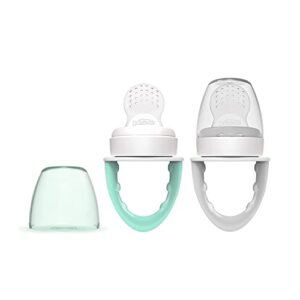 Dr. Brown's Designed to Nourish, Fresh Firsts Silicone Feeder, Mint and Grey, 2-Pack with Soft-Grip Spoon and Fork Set, Teal