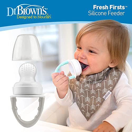 Dr. Brown's Designed to Nourish, Fresh Firsts Silicone Feeder, Mint and Grey, 2-Pack with Soft-Grip Spoon and Fork Set, Teal