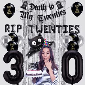 30th Birthday Decorations for Him, Cefanty Death to My 20s Decorations with Black White Balloons, Banner, Birthday Cake Toppers and Rip to My 20s Sash