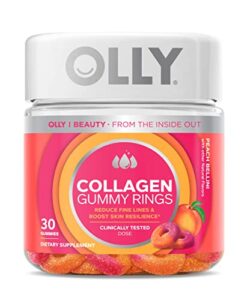 olly collagen gummy rings, 2.5g of clinically tested collagen, boost skin elasticity & reduce wrinkles, adult supplement, peach flavor, 30 count