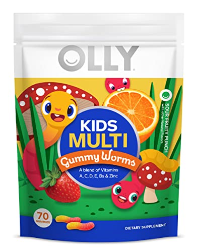 OLLY Kids Multivitamin Gummy Worms, Overall Health and Immune Support, Vitamins and Minerals A, C, D, E, Bs and Zinc, Chewable Supplement, Sour Fruit Punch, 45 Day Supply - 70 Count