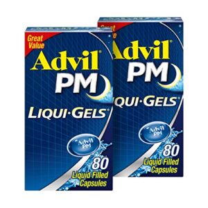 advil pm liqui-gels pain reliever and nighttime sleep aid, pain medicine with ibuprofen for pain relief and diphenhydramine hcl for a sleep aid – 2×80 liquid filled capsules