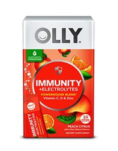 olly immunity + electrolytes powder, immune & hydration support, vitamin c, d, zinc, drink mix, citrus peach – 10 count