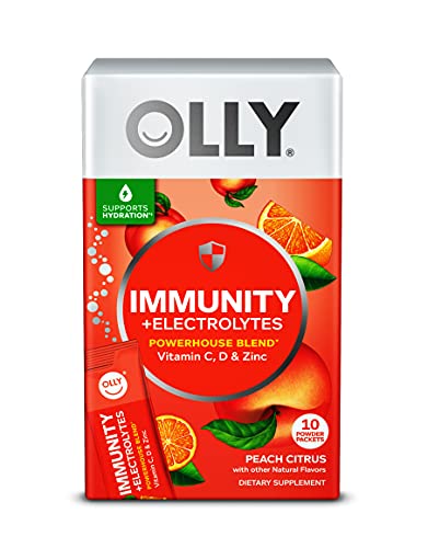 OLLY Immunity + Electrolytes Powder, Immune & Hydration Support, Vitamin C, D, Zinc, Drink Mix, Citrus Peach - 10 Count