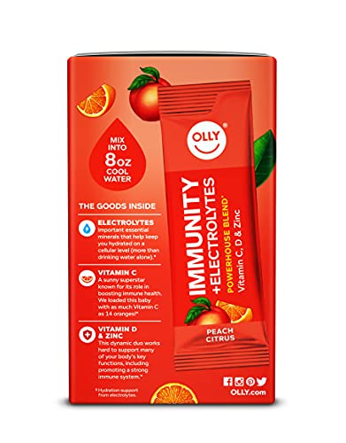 OLLY Immunity + Electrolytes Powder, Immune & Hydration Support, Vitamin C, D, Zinc, Drink Mix, Citrus Peach - 10 Count