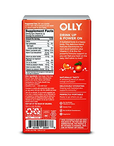 OLLY Immunity + Electrolytes Powder, Immune & Hydration Support, Vitamin C, D, Zinc, Drink Mix, Citrus Peach - 10 Count