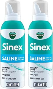 vicks sinex saline nasal spray, drug free ultra fine mist, clear everyday sinus congestion fast, clear mucus from a cold or allergy, daily use 5.0 fl oz x 2
