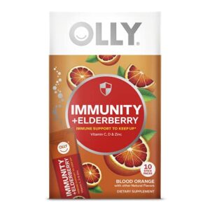 olly immunity powder, daytime immune support, elderberry, vitamin c, d, zinc, fizzy drink mix, blood orange – 10 count