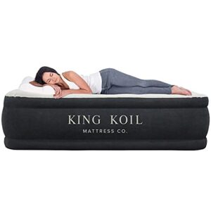 king koil luxury air mattress queen with built-in pump for home, camping & guests – 20” queen size inflatable airbed luxury double high adjustable blow up mattress, durable portable waterproof