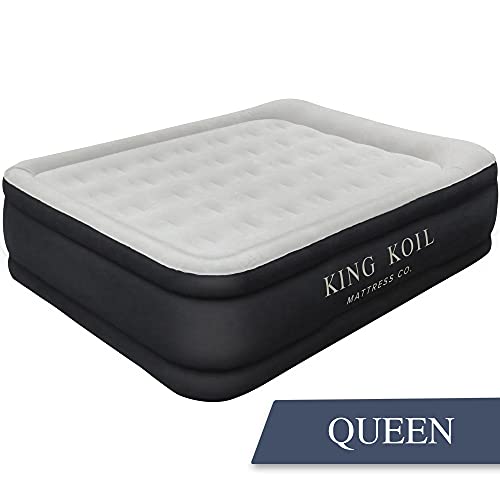 King Koil Luxury Air Mattress Queen with Built-in Pump for Home, Camping & Guests - 20” Queen Size Inflatable Airbed Luxury Double High Adjustable Blow Up Mattress, Durable Portable Waterproof