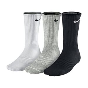 nike performance cushion crew training socks (3 pair), grey/black/white, large