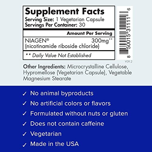 30ct/300mg Multi Award Winning Patented NAD+ Boosting Supplement - More Efficient Than NMN - Nicotinamide Riboside for Cellular Energy Metabolism & Repair. Vitality, Muscle Health, Healthy Aging