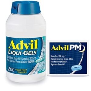 advil liqui-gels pain reliever and fever reducer, pain medicine for adults with ibuprofen 200mg for headache, backache, menstrual pain and joint pain relief – 200 capsules, advil pm ibuprofen – 2 ct