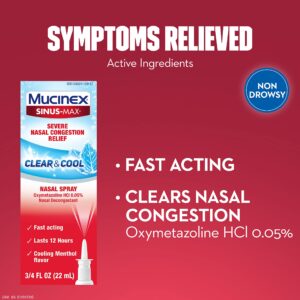 Mucinex Sinus-Max Severe Nasal Congestion Relief Clear & Cool Nasal Spray, 0.75 fl. oz., Lasts 12 Hours, Fast Acting, Cooling Menthol Flavor