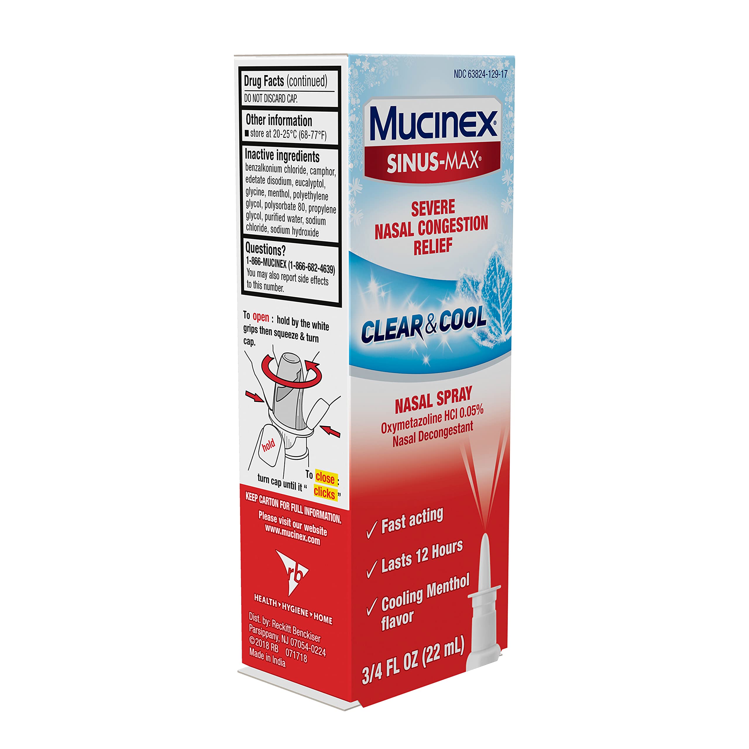 Mucinex Sinus-Max Severe Nasal Congestion Relief Clear & Cool Nasal Spray, 0.75 fl. oz., Lasts 12 Hours, Fast Acting, Cooling Menthol Flavor