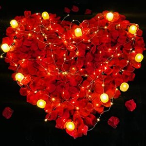 wakisaki (3-in-1 set) 300 pcs fake rose petals for romantic night for her or him, 12 pack led tea lights fake candles battery operated, 20ft led string lights with 3 modes, for romantic decoration