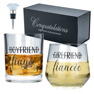 newlywoo engagement gifts for couples – boyfriend girlfriend wine and whiskey glass fiance gifts for him and her – newly engaged unique glasses with diamond wine stopper