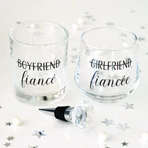 Newlywoo Engagement Gifts for Couples - Boyfriend Girlfriend Wine and Whiskey Glass Fiance Gifts for Him and Her - Newly Engaged Unique Glasses with Diamond Wine Stopper