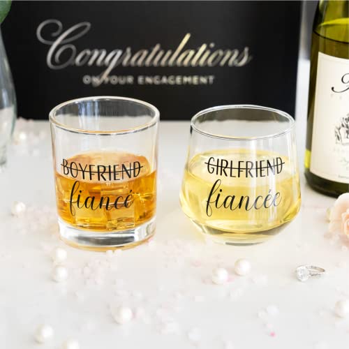 Newlywoo Engagement Gifts for Couples - Boyfriend Girlfriend Wine and Whiskey Glass Fiance Gifts for Him and Her - Newly Engaged Unique Glasses with Diamond Wine Stopper