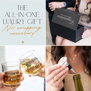 Newlywoo Engagement Gifts for Couples - Boyfriend Girlfriend Wine and Whiskey Glass Fiance Gifts for Him and Her - Newly Engaged Unique Glasses with Diamond Wine Stopper