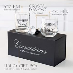 Newlywoo Engagement Gifts for Couples - Boyfriend Girlfriend Wine and Whiskey Glass Fiance Gifts for Him and Her - Newly Engaged Unique Glasses with Diamond Wine Stopper