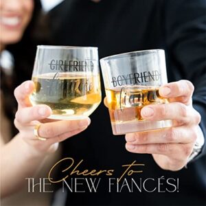 Newlywoo Engagement Gifts for Couples - Boyfriend Girlfriend Wine and Whiskey Glass Fiance Gifts for Him and Her - Newly Engaged Unique Glasses with Diamond Wine Stopper