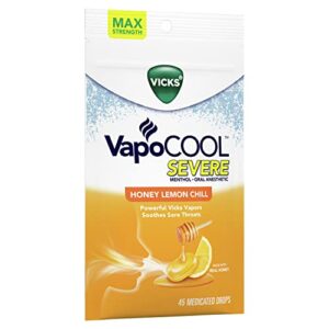 Vicks VapoCOOL Severe, Medicated Drops, Menthol Soothes Sore Throat Pain Caused by Cough, Honey Lemon Chill Flavor, 225 Drops (5 Packs of 45)