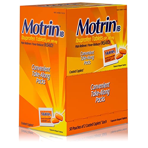 Motrin IB, Ibuprofen 200mg Tablets for Fever, Aches & Pain Relief, 50 Travel Packs of 2, 100 ct