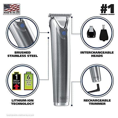 Wahl Stainless Steel Lithium-Ion Cordless Beard Trimmer for Men – Rechargeable All in One Men’s Trimmer with Rotary Ear & Nose Trimmer, & Detail Trimmer – Model 9818A