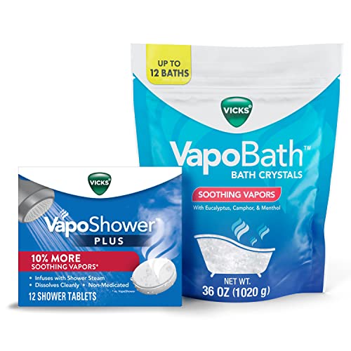 Vicks VapoShower Plus, Shower Bomb Tablets, Soothing Non-Medicated Vapors, 12 Tablets & Vicks VapoBath Bath Crystals, 36 oz Soothing Bath Soaking Solution, Steam Aromatherapy w/ Eucalyptus & Menthol