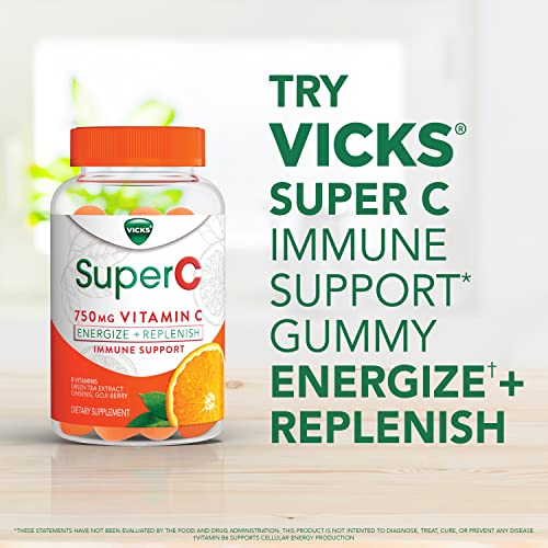 Vicks Super C Vitamin C Gummies, Energize + Replenish, Daytime Supplement for Immune Support with Vitamin C, B Vitamins, Green Tea Extract, Ginseng, and Goji Berries, Citrus Flavored, 36 Gummies