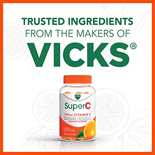 Vicks Super C Vitamin C Gummies, Energize + Replenish, Daytime Supplement for Immune Support with Vitamin C, B Vitamins, Green Tea Extract, Ginseng, and Goji Berries, Citrus Flavored, 36 Gummies