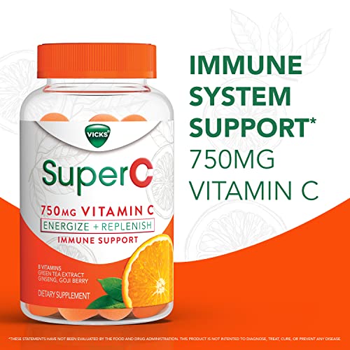 Vicks Super C Vitamin C Gummies, Energize + Replenish, Daytime Supplement for Immune Support with Vitamin C, B Vitamins, Green Tea Extract, Ginseng, and Goji Berries, Citrus Flavored, 36 Gummies