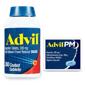 advil pain reliever and fever reducer, ibuprofen 200mg for pain relief – 300 count, advil pm pain reliever and nighttime sleep aid, ibuprofen for pain relief and diphenhydramine citrate – 2 count
