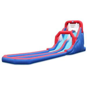 sunny & fun dual splash inflatable water racing slide park – heavy-duty for outdoor fun – climbing wall, two slides & splash pool – easy to set up & inflate with included air pump & carrying case