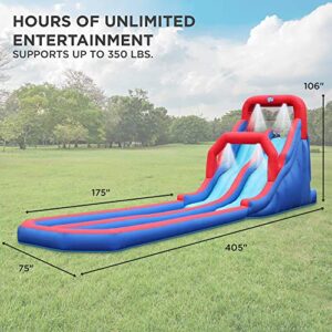 Sunny & Fun Dual Splash Inflatable Water Racing Slide Park – Heavy-Duty for Outdoor Fun - Climbing Wall, Two Slides & Splash Pool – Easy to Set Up & Inflate with Included Air Pump & Carrying Case