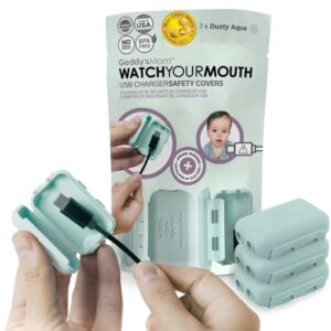Geddy's Mom - Watch Your Mouth - The Award Winning USB Charger Child Safety Cover - Made in The USA - Baby Proofing Toddler Shock Prevention (3 Pack Dusty Aqua)