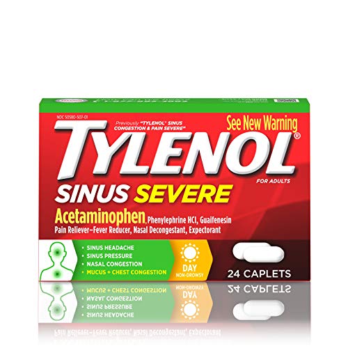 Tylenol Sinus Severe Daytime Caplets with Acetaminophen 325mg, Guaifenesin 200mg & Phenylephrine HCl 5mg, Non-Drowsy Pain Reliever, Expectorant & Nasal Decongestant, 24 ct